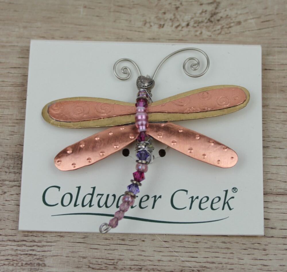 Beaded Dragonfly Pin Brooch Coldwater Creek Made In The USA Copper / Pink Funky
